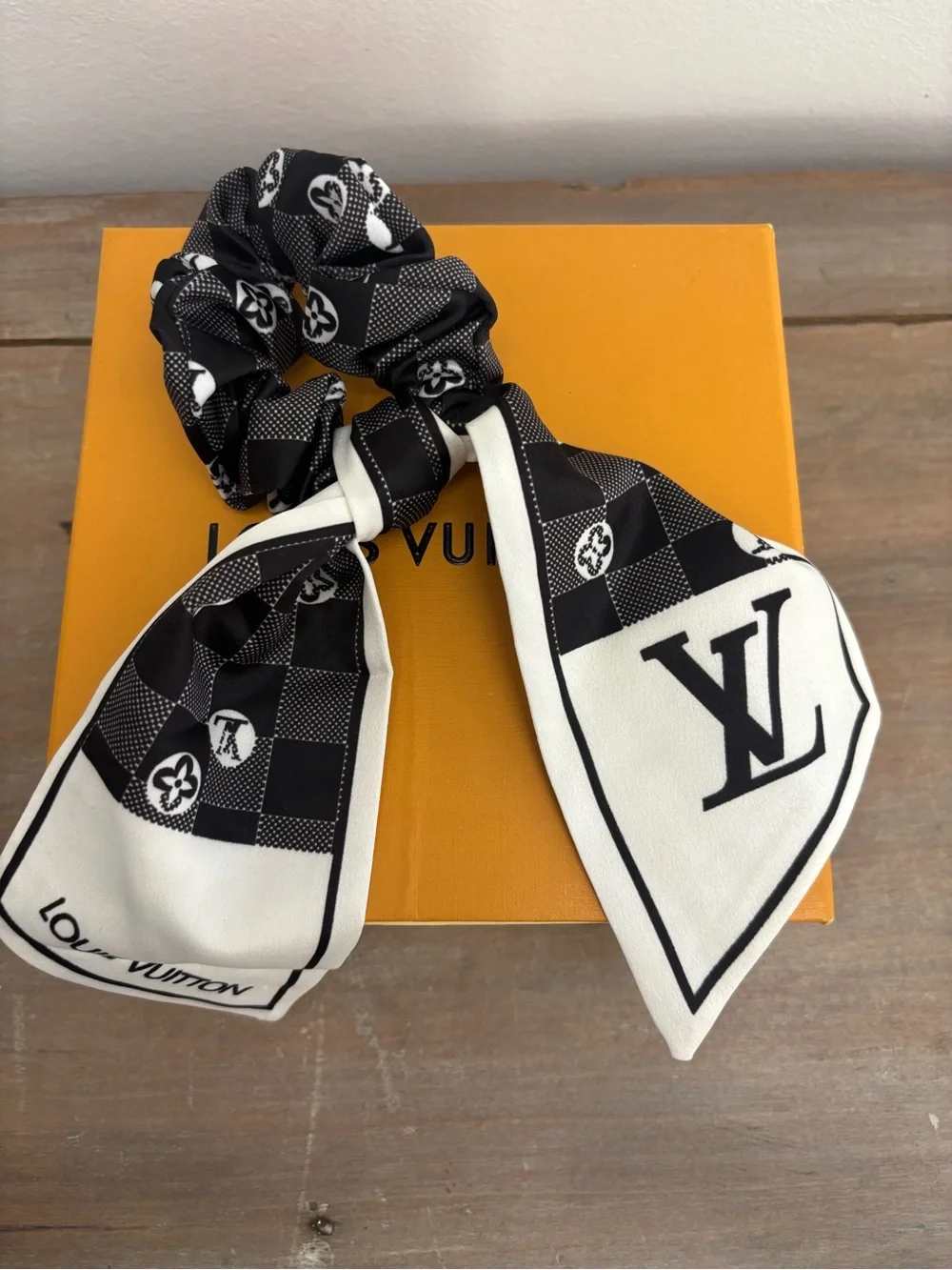 Louis Vuitton Black and White Silky Scarf Hair Scrunchie/Bow